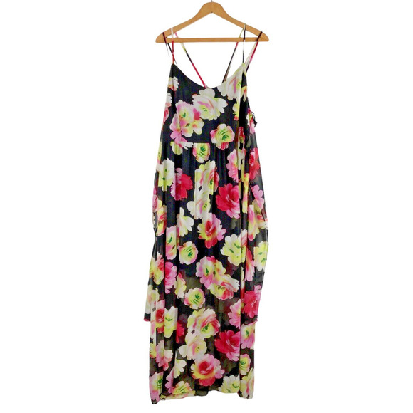 Forever 21+ 2X Dress Black Floral Strappy Back Floor Length Maxi Spaghetti Strap - Picture 1 of 4